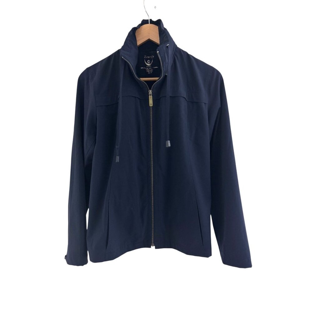 Chico's Size 0 =4/6 S Zenergy Navy Blue Hooded Neema Lightweight Zip Jacket Coat
